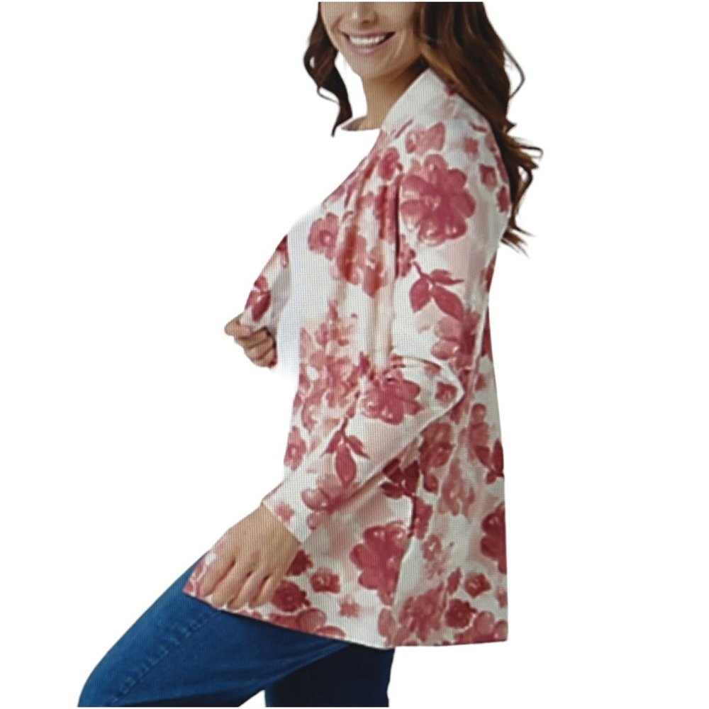 Denim & Co. Printed Jersey Open Front Cardigan w Pockets Rose L Jacket Sweater